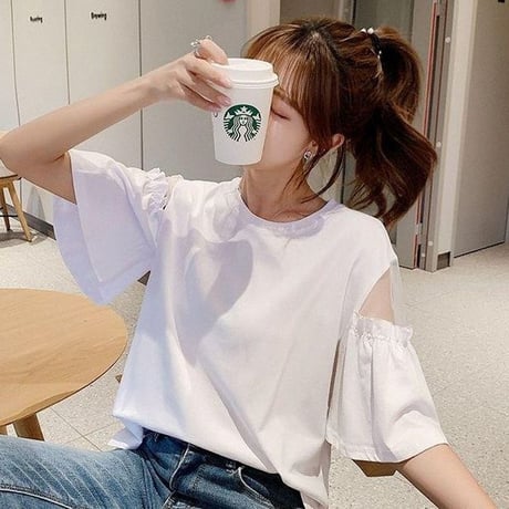 tシャツ シアースリーブ トップス クルーネック シアーtシャツ ゆったり ルーズ 半袖 レトロ 大人可愛い ガーリー カジュアル DTCA-716370765020