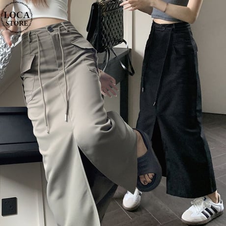 カーゴスカート ハイウエスト スリット ロングスカート Aライン スカート レトロ 韓国ファッション レディース 大人可愛い ガーリー カジュアル DTC-768233387250