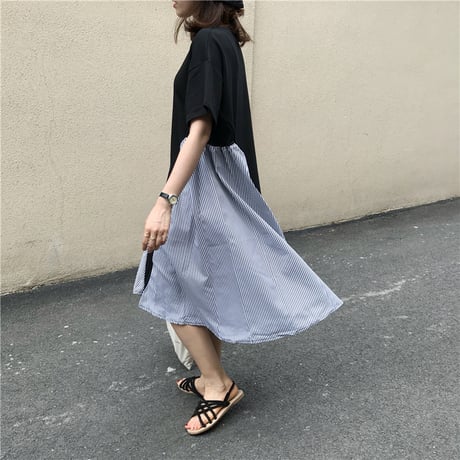 レディース 切替ストライプ柄ワンピース バイカラー ドッキング フレアワンピース バイカラー ロング丈 韓国ファッション (DCT-589131582708)