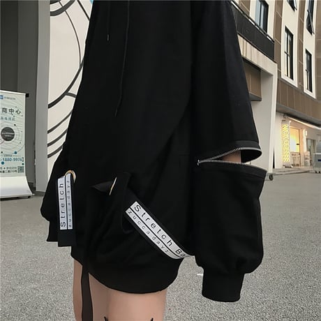 パーカー 袖ジップパーカー ストラップ 切替 オーバーサイズ 韓国ファッション レディース フーディー 袖ジッパー ルーズ カジュアル ストリート系 ファッション DTC-624425421565