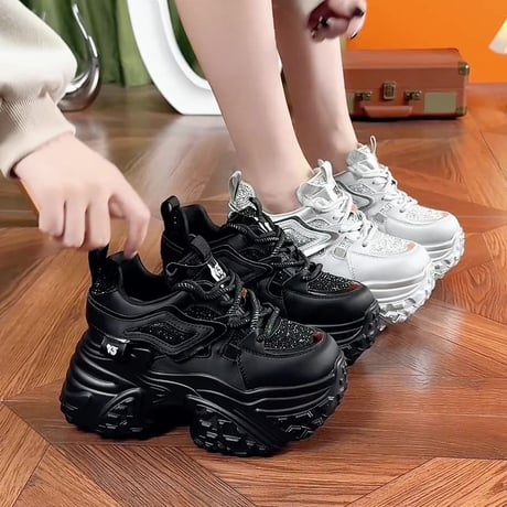 厚底ダッドスニーカー 22.0～24.5cm グリッター ラインストーン スパンコール シューレース スニーカー 美脚効果 カジュアル 韓国ファッション レディース DTCA-823438090641