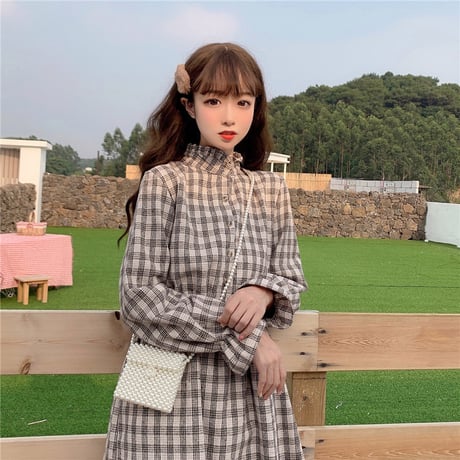 チェック柄 ワンピース ミモレ丈 長袖 韓国ファッション レディース 切り替え レトロ ハイウエスト トランペットスリーブ ベルスリーブ DTC-607226255510
