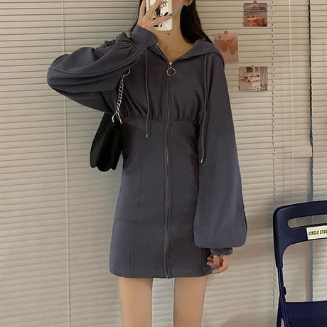 パーカーワンピース ジップアップ ミニワンピース 薄手 ルーズ ハイウエスト 長袖 レトロ 韓国ファッション レディース 大人可愛い ガーリー カジュアル DTC-682606513025