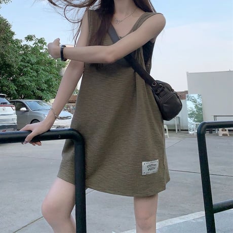 タンクトップ オーバーサイズ タンクワンピース ノースリーブ トップス ロゴ ゆったり レトロ 韓国ファッション レディース 大人可愛い ガーリー カジュアル DTC-803416289673