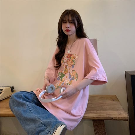 Tシャツ くまちゃん 花 刺繍 半袖 オーバーサイズ 韓国ファッション レディース トップス ベアー 大きめ カジュアル ストリートファッション DTC-643234188804
