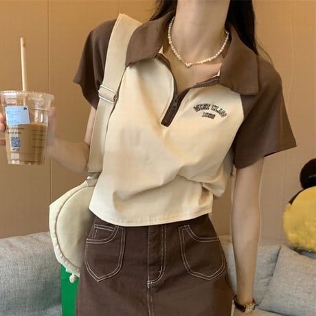 【3カラー】 ポロシャツ バイカラー ハーフジップ ショート丈 トップス 半袖 レトロ 韓国ファッション レディース 大人可愛い ガーリー カジュアル DTC-676872594169