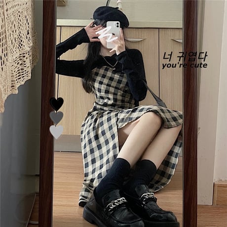 フェイクレイヤード チェック柄 スリットワンピース ハイウエスト ロング丈 レトロ 韓国ファッション レディース 大人可愛い ガーリー DTC-666716955708