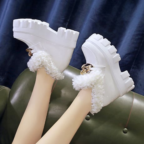 厚底 ファーシューズ 22.0～24.5cm ファーローファー ローファー チェーンデザイン インヒール 歩きやすい 疲れない 大人可愛い ガーリー DTC-659154706888