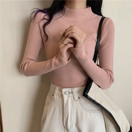 【2枚セット】 全9カラー組み合わせ自由 ニット スリムフィット ハーフハイネック スリムニット リブニット 長袖 レトロ 大人可愛い ガーリー DTC-661710290179