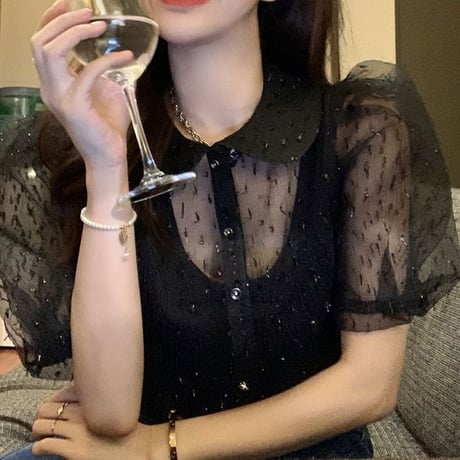 インナー付き シースルー ブラウス シャツ ボリューム袖 パフスリーブ 襟付き 半袖 レトロ 韓国ファッション レディース 大人可愛い ガーリー フェミニン DTC-674662565798