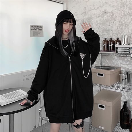うさ耳 パーカー フルジップアップ チェーンアクセサリー ノーマルor起毛タイプ オーバーサイズ 韓国ファッション レディース カジュアル ストリートファッション DTC-652880507756