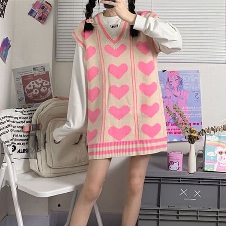 ニットベスト ハート柄 Vネック ゆったり 大きめ ルーズ カジュアル 韓国ファッション レディース 大人可愛い ガーリー DTC-654220317913