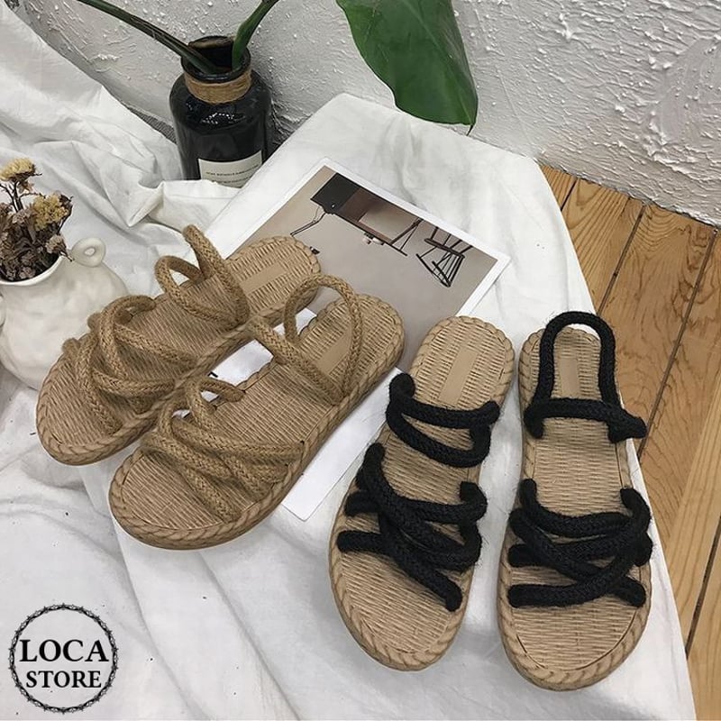 レディース コンフォートフラットサンダル 編み上げサンダル 籐草