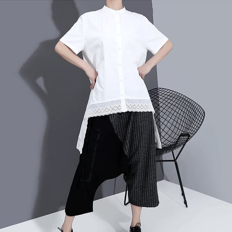 裾変形デザイン アシンメトリー ブラウス 裾レース 花柄レース 韓国ファッション レディース ロングシャツ シャツ モード 半袖 ルーズ 大人カジュアル 大人可愛い 620576613249