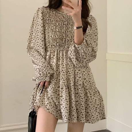 花柄 ワンピース 裾フリル ハイウエスト Aライン 長袖 レトロ 韓国ファッション レディース 大人可愛い ガーリー フェミニン DTC-652556002404