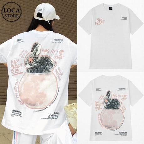 ユニセックス Tシャツ 半袖 BADRABBIT うさぎ プリント オーバーサイズ ゆったり 大きめ 韓国ファッション メンズ レディース カジュアル ストリート系 DTC-643342164117