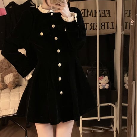 ワンピース ベルベット フリル ミニワンピース ハイウエスト Aライン 長袖 レトロ 韓国ファッション レディース 大人可愛い ガーリー DTC-749823023805