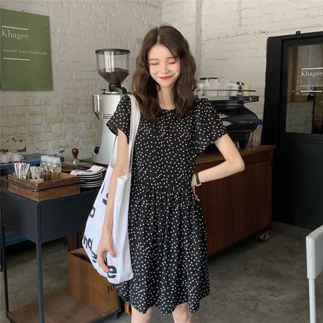 ワンピース ドット柄 韓国ファッション レディース Aライン ハイネック ミドル丈 ラウンドネック シンプル ガーリー フェミニン DTC-616578010538