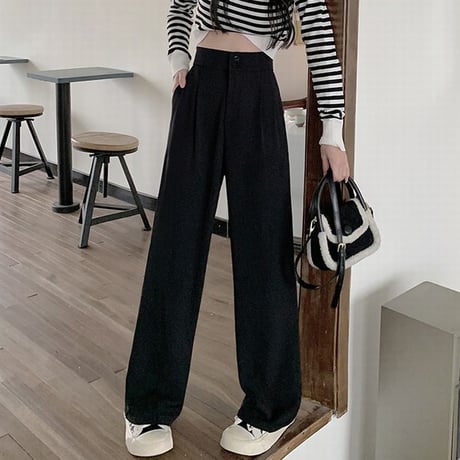 ワイドパンツ ストレートパンツ パンツ タック スラックス ハイウエスト シンプル レトロ 韓国ファッション レディース 大人可愛い ガーリー DTC-666705107446