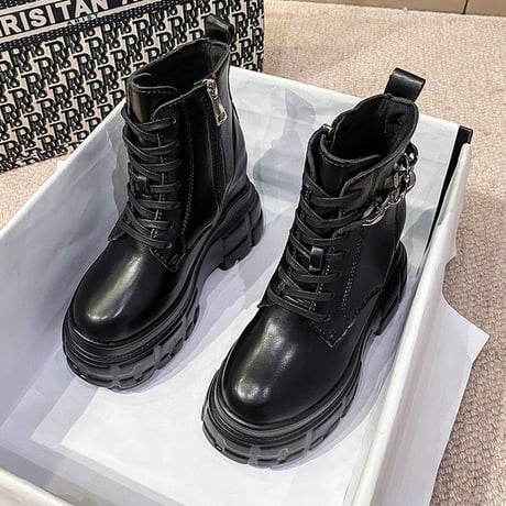 厚底 ブーツ インヒール チェーン 22.0～24.5cm シューレース サイドファスナー 防水プラットフォーム レザー ショートブーツ 履きやすい ガーリー DTC-654284892844