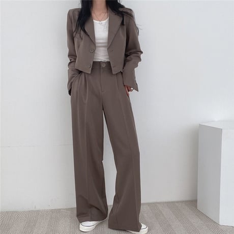 セットアップ 2点セット ショートジャケット ワイドパンツ ショート丈 テーラードジャケット タックパンツ パンツスーツ 長袖 レトロ 大人可愛い DTCA-740940979194