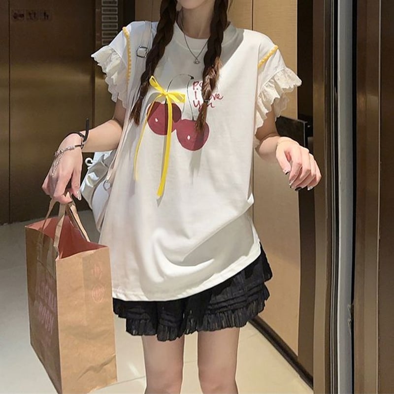 帆船プリント 半袖シャツ リボン付き