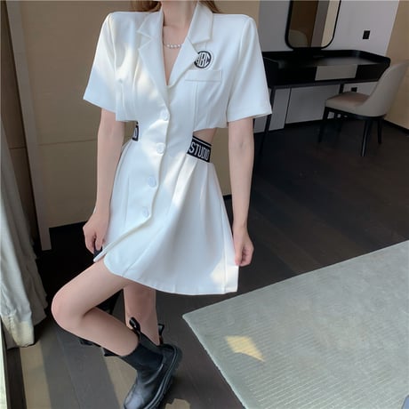 ワンピース 背中開き 背中見せ セクシー ハイウエスト 半袖 韓国ファッション レディース シャツワンピース Aライン 無地 シンプル 大人可愛い ガーリー DTC-641249916774