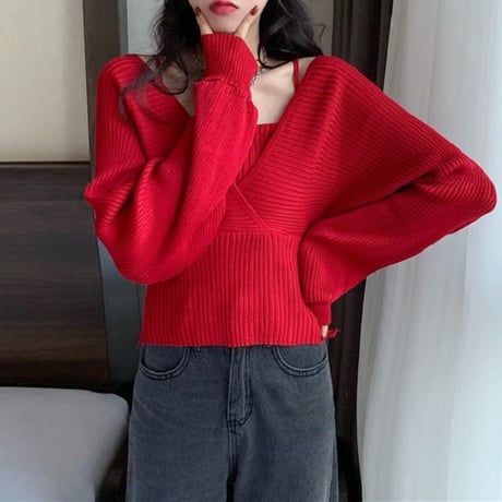 リブニット フェイクレイヤード ルーズ 長袖 セーター 韓国ファッション レディース ニット ゆったり 大人可愛い ガーリー DTC-653558986383