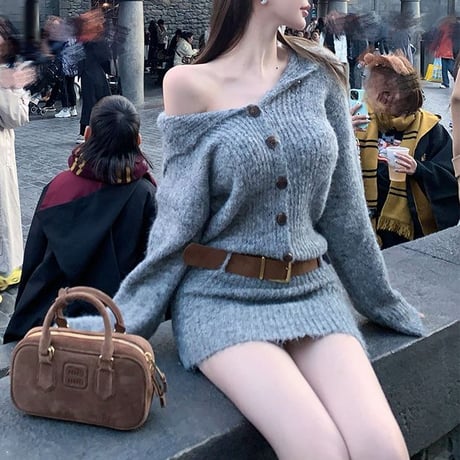 ニットワンピース セーラーカラー ボタン オフショルダー リブワンピース ミニワンピース 長袖 レトロ 大人可愛い ガーリー DTCA-975908412569