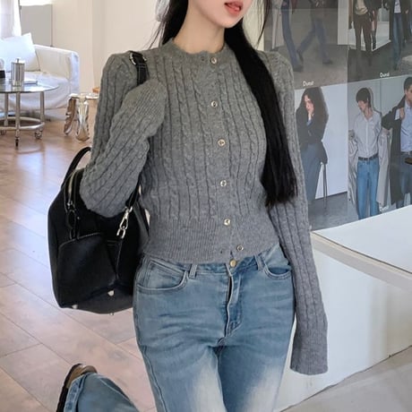 ニットカーディガン ケーブル編み スリムフィット ショート丈 ボタン 長袖 レトロ 韓国ファッション レディース 大人可愛い ガーリー DTC-749942244986