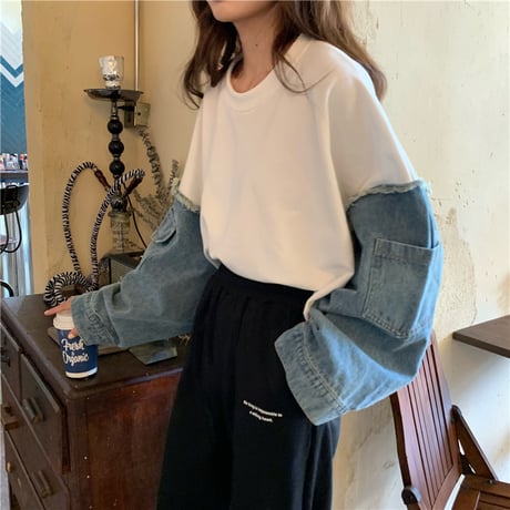 トップス 異素材 デニム袖 ドッキングトップス 切替 デニム カットソー ルーズ ゆったり レトロ 韓国ファッション レディース 大人可愛い ガーリー カジュアル DTC-626847606756