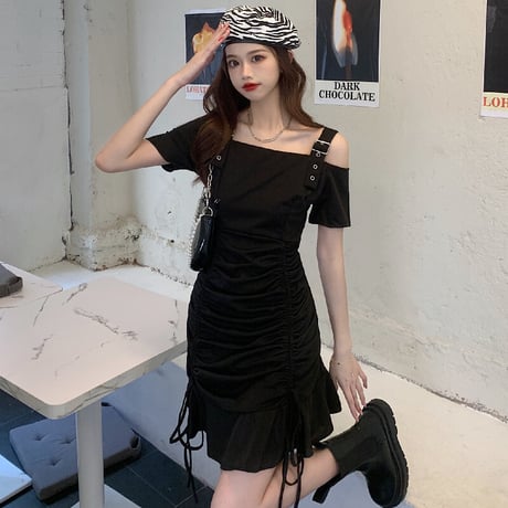 ワンピース ショルダーベルト 薄手 スクエアネック 韓国ファッション レディース ガーリー 大人可愛い DTC-641993330070