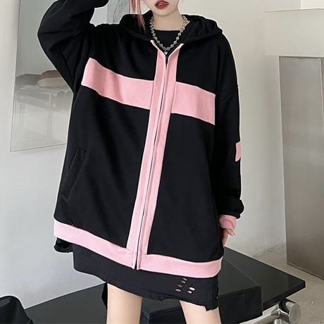 ユニセックス パーカー ジップアップ バイカラー クロスデザイン オーバーサイズ カジュアル 韓国ファッション メンズ レディース 韓国ストリートファッション DTC-681105858978