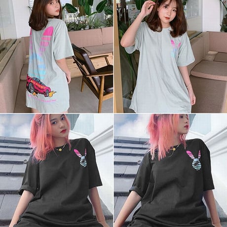 ユニセックス 半袖 Tシャツ メンズ レディース うさぎモチーフ 英字 ヤシの木 車 プリント オーバーサイズ 大きいサイズ ルーズ ストリート TBN-601743728424