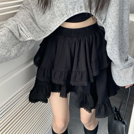 アシンメトリー スカート レース フリル ミニスカート ハイウエスト アシメ ウエストゴム レトロ 韓国ファッション レディース 大人可愛い ガーリー フェミニン DTC-761490959346