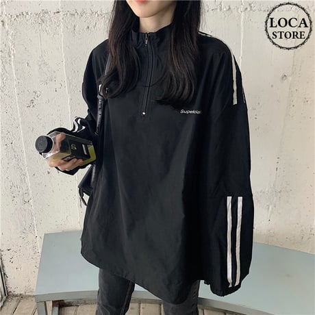 ハーフジップ プルオーバー トップス 韓国ファッション レディース 袖ライン ジャージ スポーツ カジュアル ストリート DTCA-624665017754