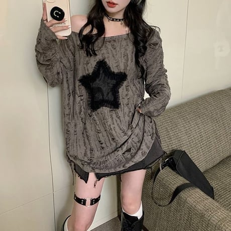 ロンT ダメージ加工 スター 星 ドローストリング ドロスト ダメージトップス プルオーバー tシャツ オーバーサイズ ルーズ 長袖 レトロ 大人可愛い ガーリー DTCA-837831882209