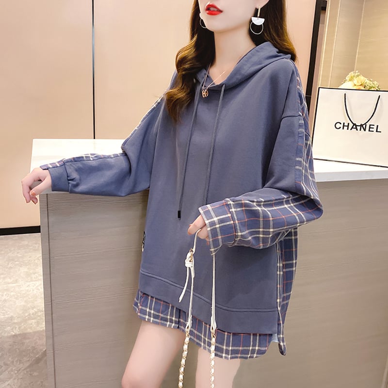 チェック柄 切り替えパーカー プルオーバー ドッキングトップス