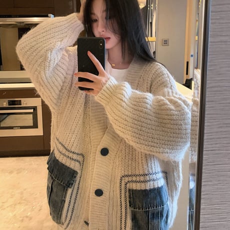 カーディガン ニット デニムミックス 異素材 オーバーサイズ 長袖 ルーズ ゆったり レトロ 韓国ファッション レディース 大人可愛い ガーリー カジュアル DTC-738962872965