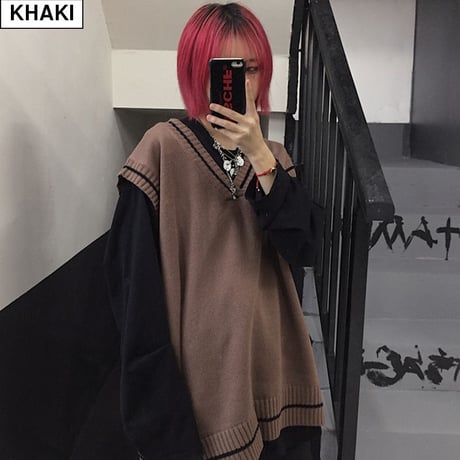 ユニセックス ニットベスト Vネック ライン 韓国ファッション メンズ レディース ベスト ルーズ セーター シンプル ストリート カジュアル DTC-605330546241