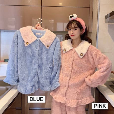 ルームウェア パジャマ セットアップ トップス + パンツ もこもこ 上下セット 長袖 厚手 韓国ファッション レディース フリース ガーリー レトロ 629614343345