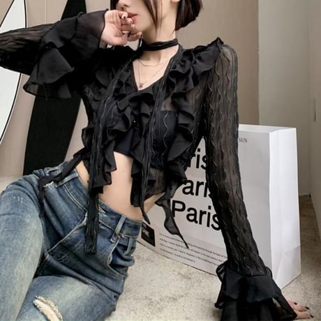 シアーブラウス レース フリル クロップド丈 ショート丈 スリムフィット シアー トップス スリムトップス uvカット 薄手 長袖 レトロ 大人可愛い ガーリー DTCA-705970322272