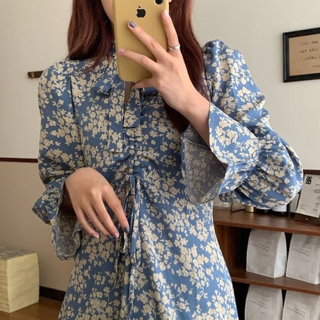 花柄 ワンピース Vネック 長袖 ロング丈  韓国ファッション レディース 大人可愛い ガーリー フェミニン DTC-626055147942