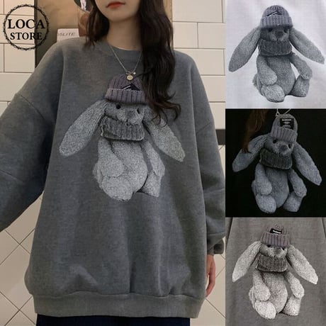 トレーナー うさぎ ラビット スウェット 厚手 オーバーサイズ 長袖 ゆったり レトロ 韓国ファッション レディース 大人可愛い ガーリー カジュアル DTC-659139065147