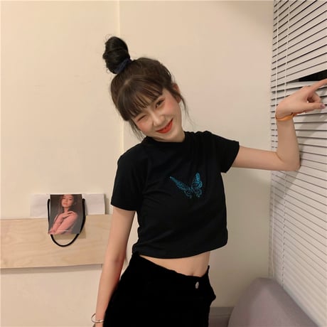 バタフライ Tシャツ 半袖 ショート丈 ブラック 韓国ファッション レディース 蝶 黒 かわいい ガーリー DTC-615160318594_bk