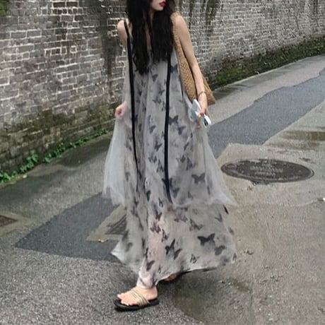 チュール ワンピース バタフライ柄 水墨画風 キャミワンピース 不規則デザイン Aライン ルーズ レトロ 韓国ファッション レディース 大人可愛い ガーリー DTC-808325106444