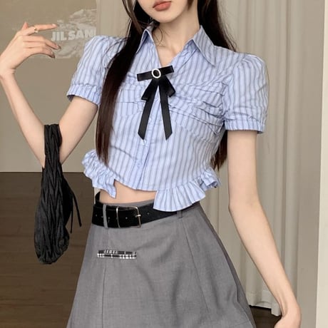 ストライプ柄 ブラウス リボン フリル シャツ パフスリーブ ショート丈 トップス かわいい 可愛い 半袖 ルーズ レトロ 大人可愛い ガーリー DTCA-717231661473