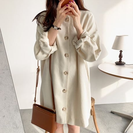 韓国ファッション レディース ワンピース コート ノーカラー 袖ボリューム バルーン フロントボタン ベージュ アウター 大人カジュアル 韓国 (DTC-600671374638)
