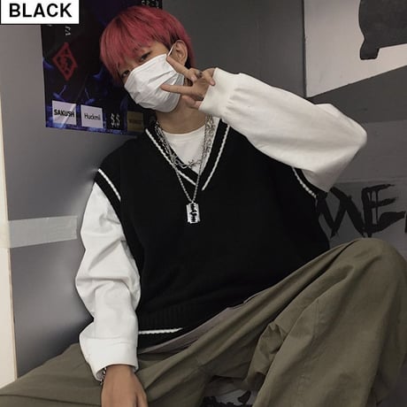 ユニセックス ニットベスト Vネック ライン 韓国ファッション メンズ レディース ベスト ルーズ セーター シンプル ストリート カジュアル DTC-605330546241