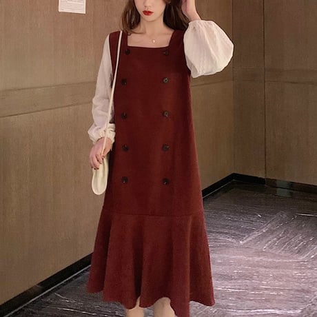 フェイクレイヤード ジャンパースカート 韓国ファッション レディース ハイウエスト パフ袖 ロングスカート 重ね着風 長袖 DTC-609838966122